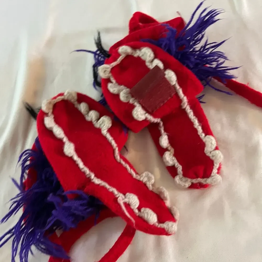 Vtg Red Kids Corded Mittens Knit Lion Animal